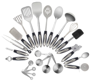 Chef Essential 23-Pc Stainless Steel Kitchen Utensil Set, Nonstick Kitchen Tools Cookware Set with Spatula, Stainless Measuring Spoons included, Best Kitchen Gadgets Gift Set